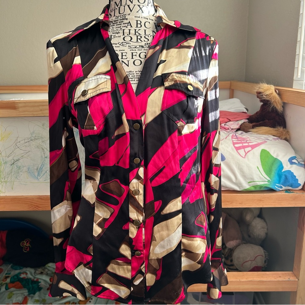 Cache Abstract Pink Retro Y2K  Silk Blouse Maximalist Small Party Disco Holiday